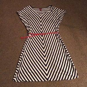 NWOT. Navy/cream striped dress with coral belt